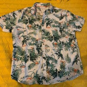 Denim & Flower Leaf Pattern Hawaiian Shirt Short Sleeve Slim Fit Size L